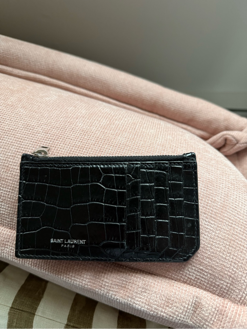 Authentic Saint Laurent Black Croc-Embossed Card Holder